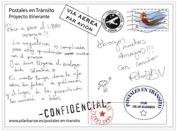 reverso postal con sellos y texto sobre Postales en Tránsito